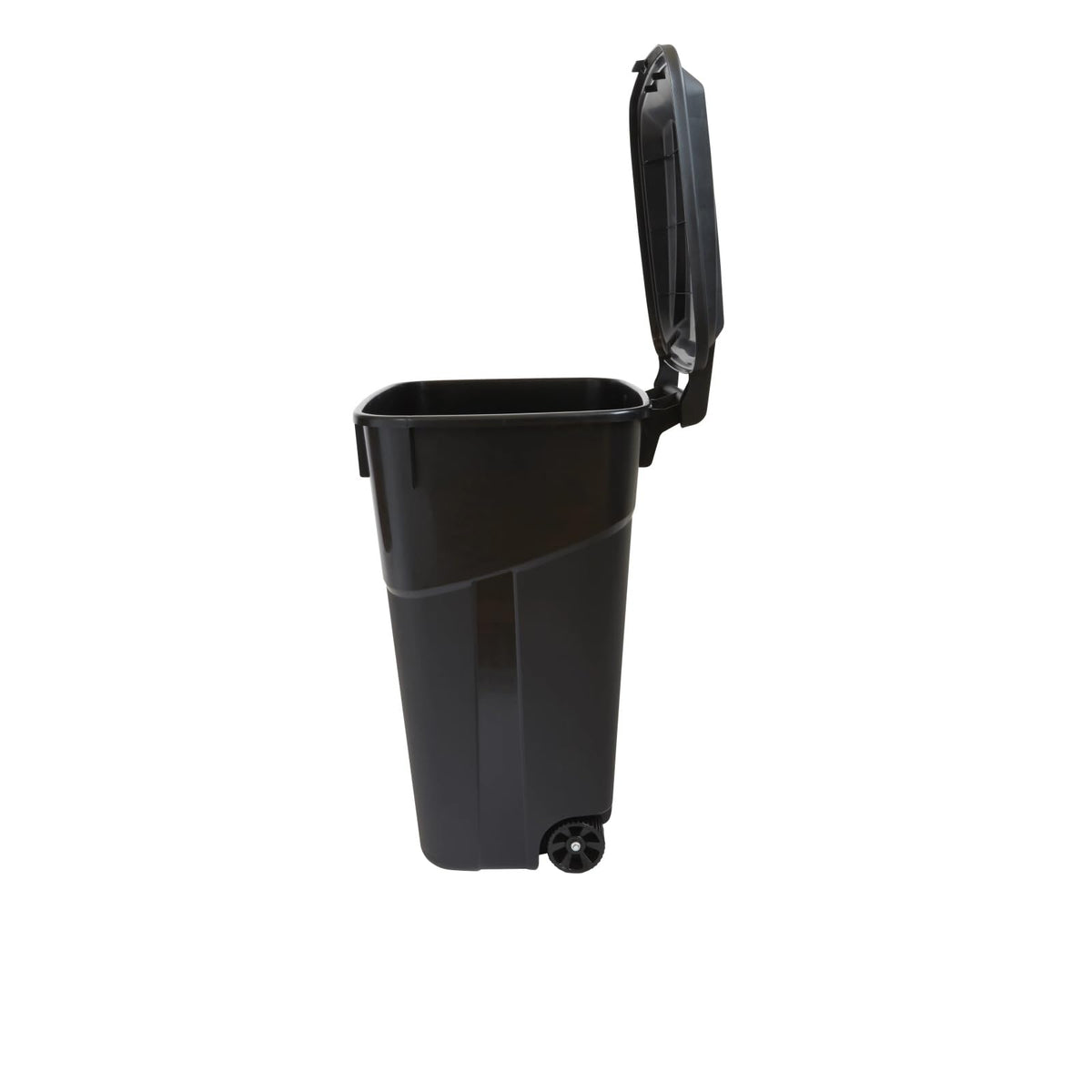 32 Gallon Black Wheeled Plastic Garbage Can with Attached Lid M829