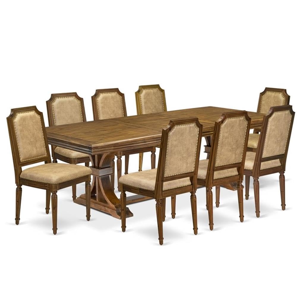 9-Piece Acacia Wood Dining Table Set with 8 Beige PU Leather Chairs T91859