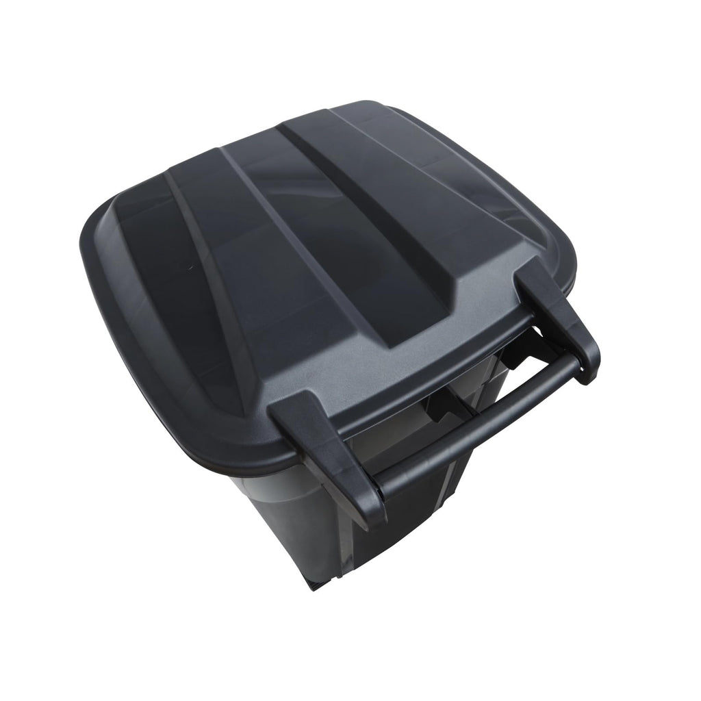 32 Gallon Black Wheeled Plastic Garbage Can with Attached Lid M829