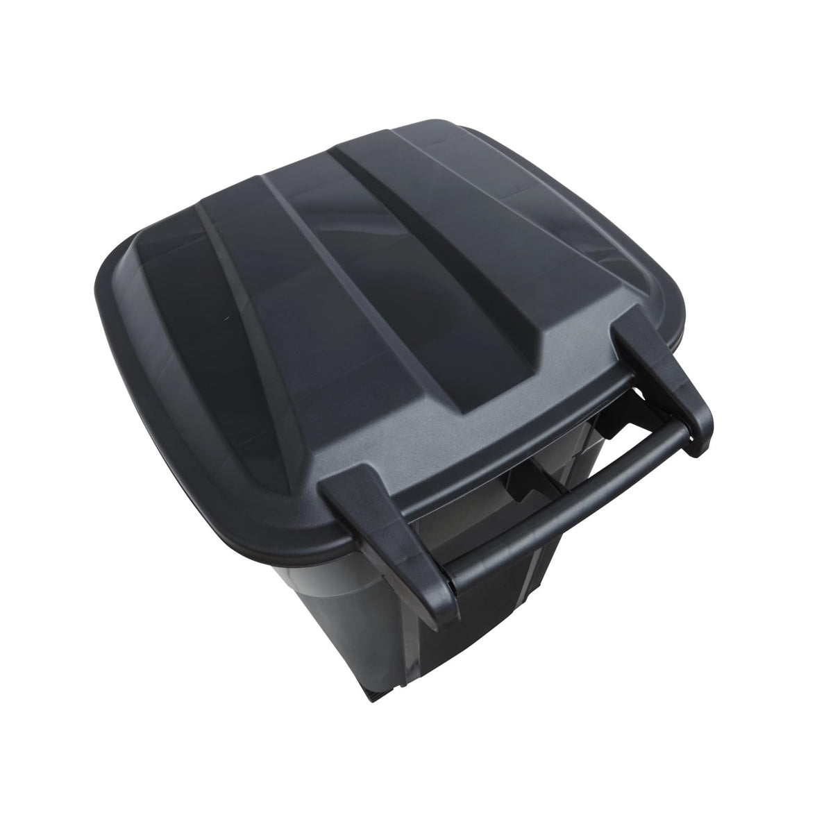 32 Gallon Black Wheeled Plastic Garbage Can with Attached Lid M829