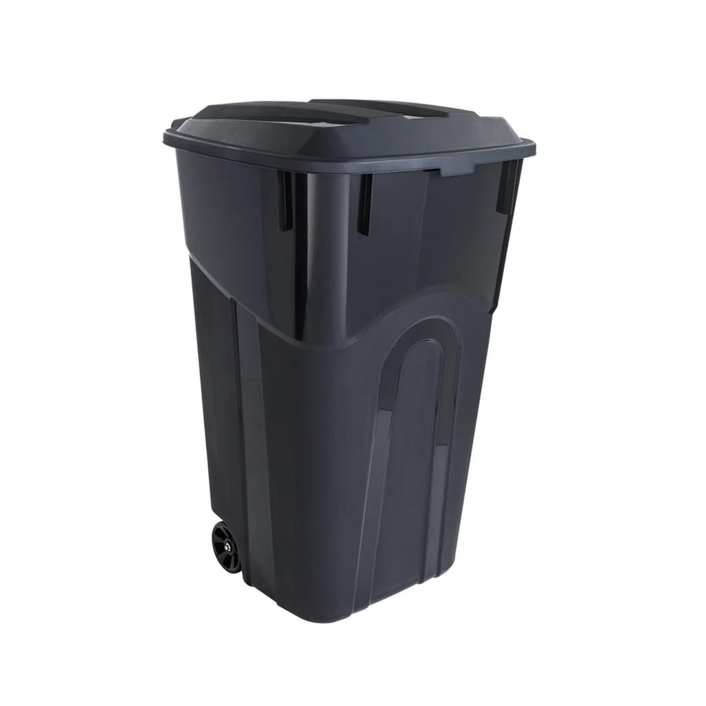 32 Gallon Black Wheeled Plastic Garbage Can with Attached Lid M829