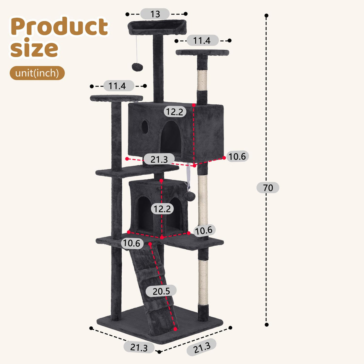 70 Inch Dark Gray Multi-Level Cat Tree with Condo Q4497