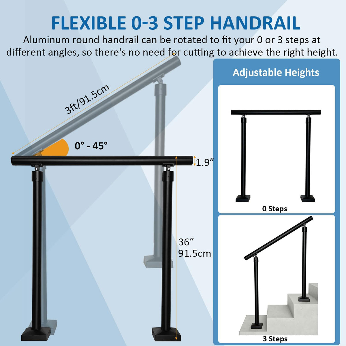 Aluminum Round Handrail for Steps & Stairs, 3ft D90666