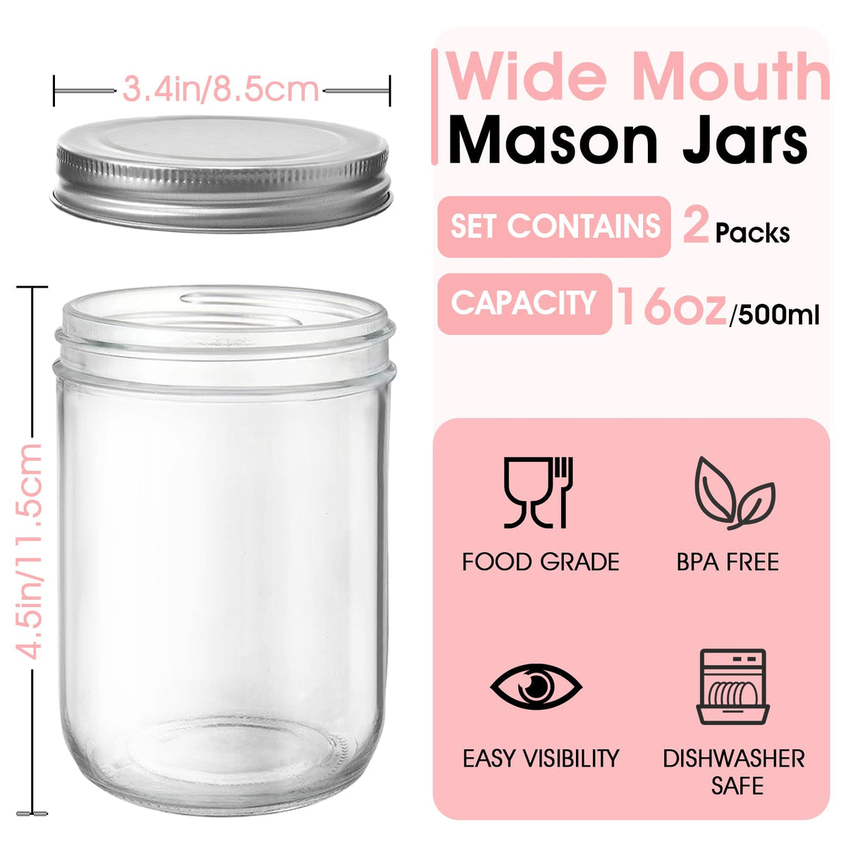 2 Pack 16oz Wide Mouth Airtight Glass Mason Jars P60482