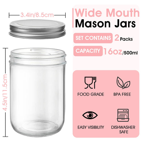 2 Pack 16oz Wide Mouth Airtight Glass Mason Jars P60482
