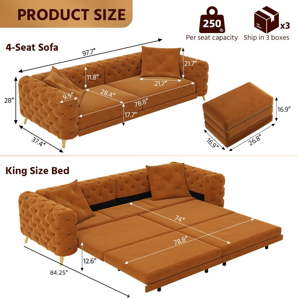 97.7" 3-in-1 Convertible Sleeper Sofa, Tufted Velvet Pull-Out Sofa Bed with Ottoman B3471