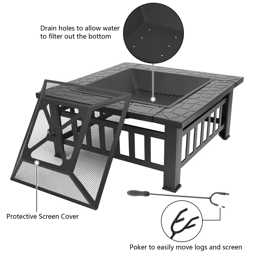 Portable Iron Wood Burning Fire Pit with Mesh Screen Lid J6036