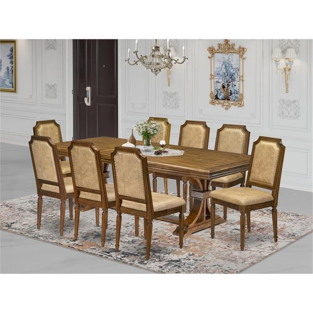 9-Piece Acacia Wood Dining Table Set with 8 Beige PU Leather Chairs T91859