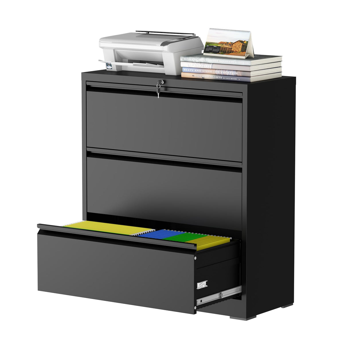 Black 3 Drawer Metal File Cabinet with Lock A16058