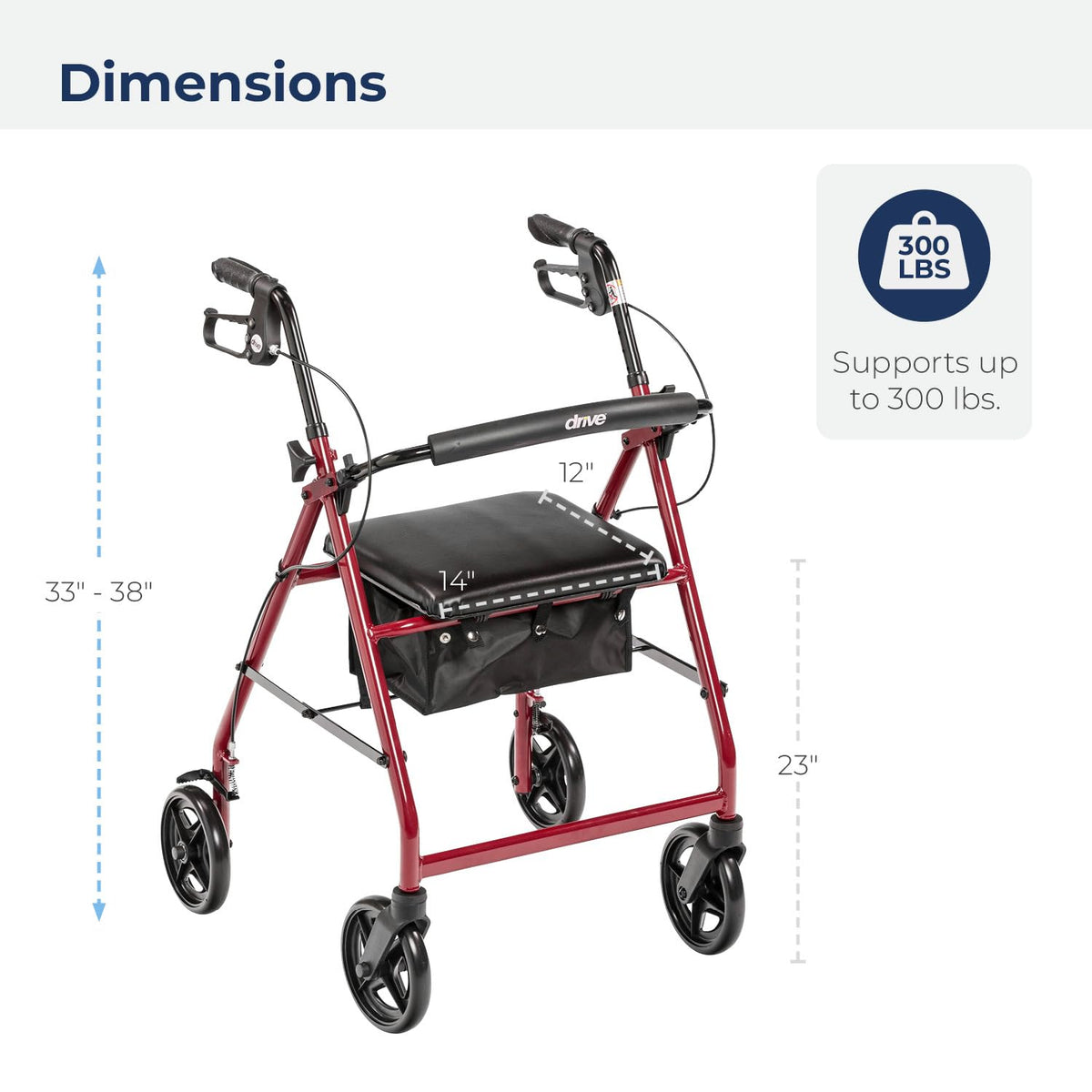 Red Aluminum Rollator with Padded Seat F5677
