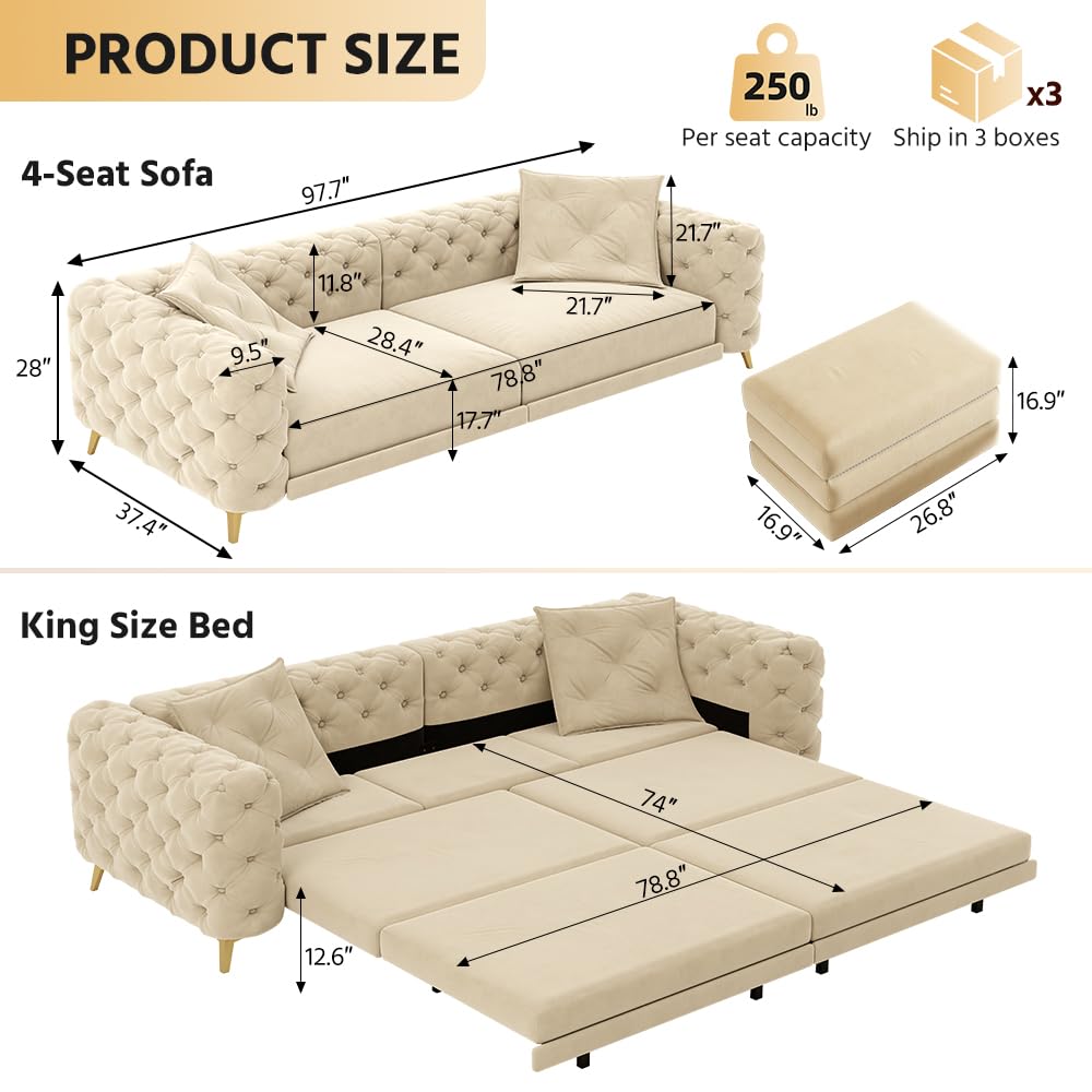 98" King Size Velvet Convertible Sofa Bed with Ottoman J587513