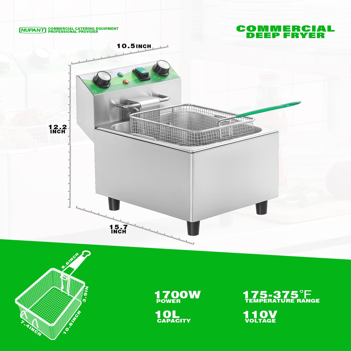 Electric 10L Stainless Steel Deep Fryer with Basket and Lid S7096
