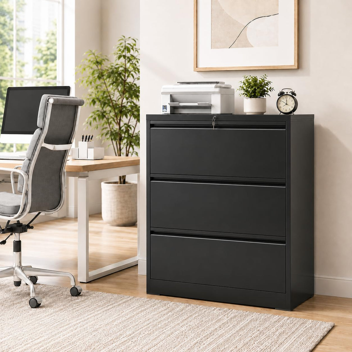 Black 3 Drawer Metal File Cabinet with Lock A16058