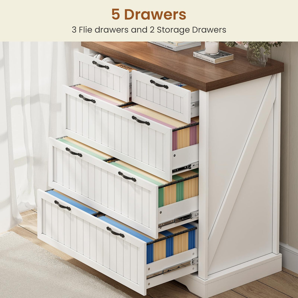 White and Brown 5 Drawer Wood File Cabinet Z506
