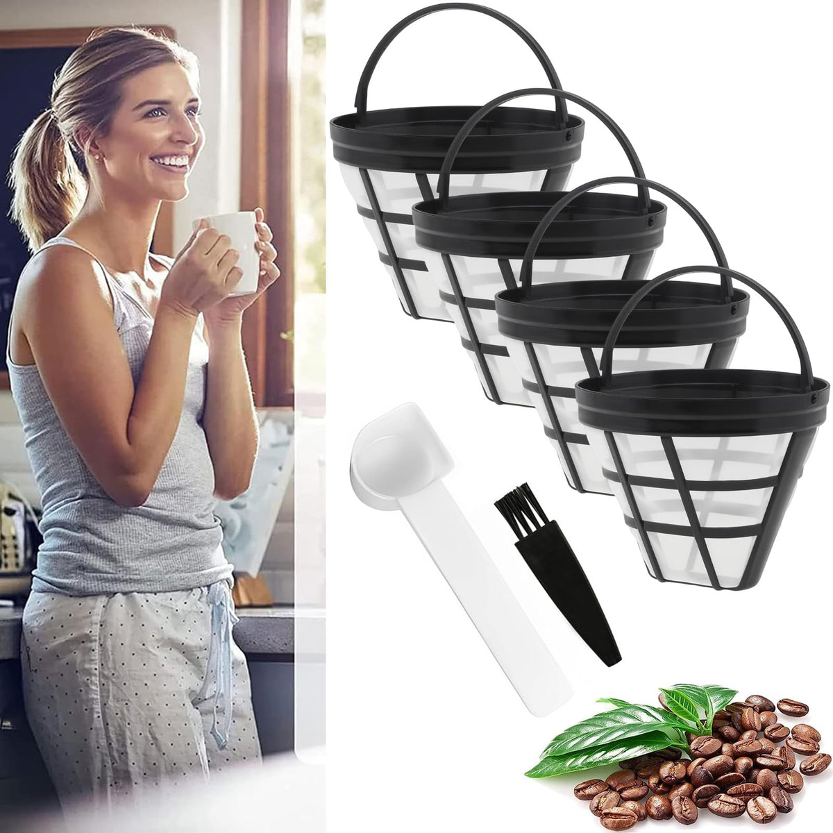 Reusable Cone Coffee Filters 8-12 Cup with Spoon and Brush W884
