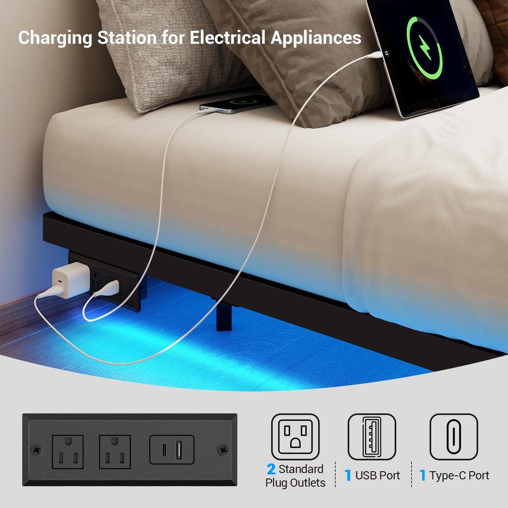 Full Size Metal Platform Bed Frame with LED Lights & Charging Station O14572