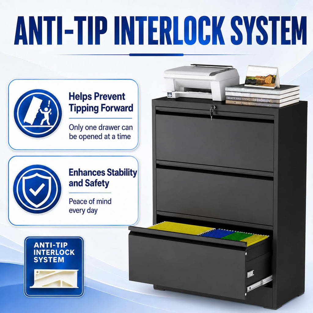 Black 3 Drawer Metal File Cabinet with Lock A16058