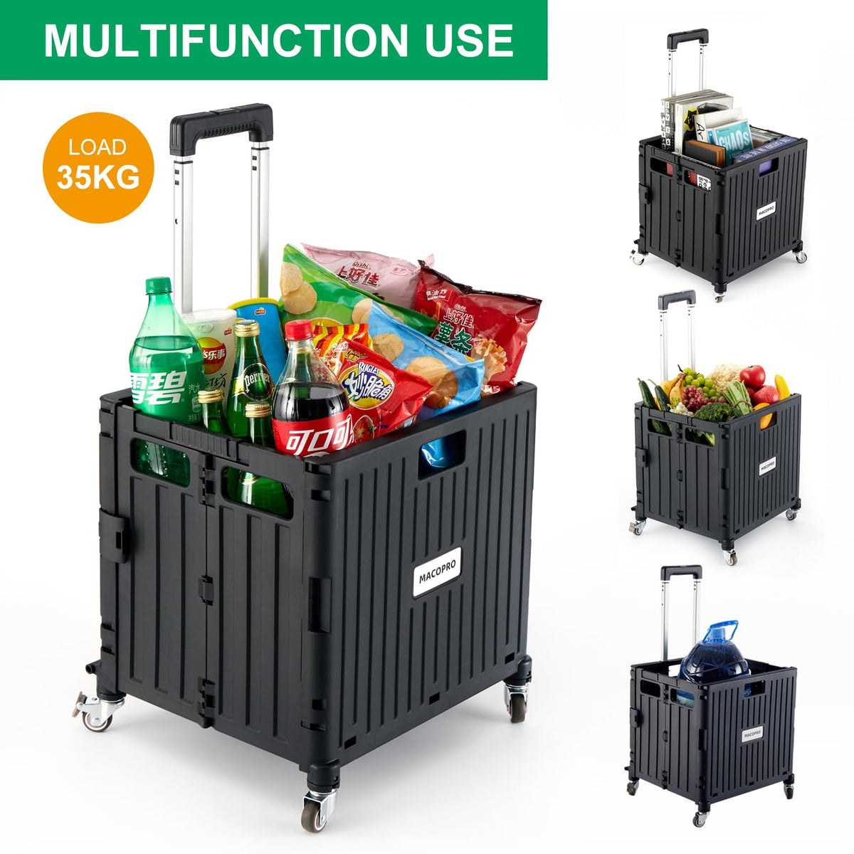 Folding Utility Cart Rolling Crate Handcart with Lid Black P6808