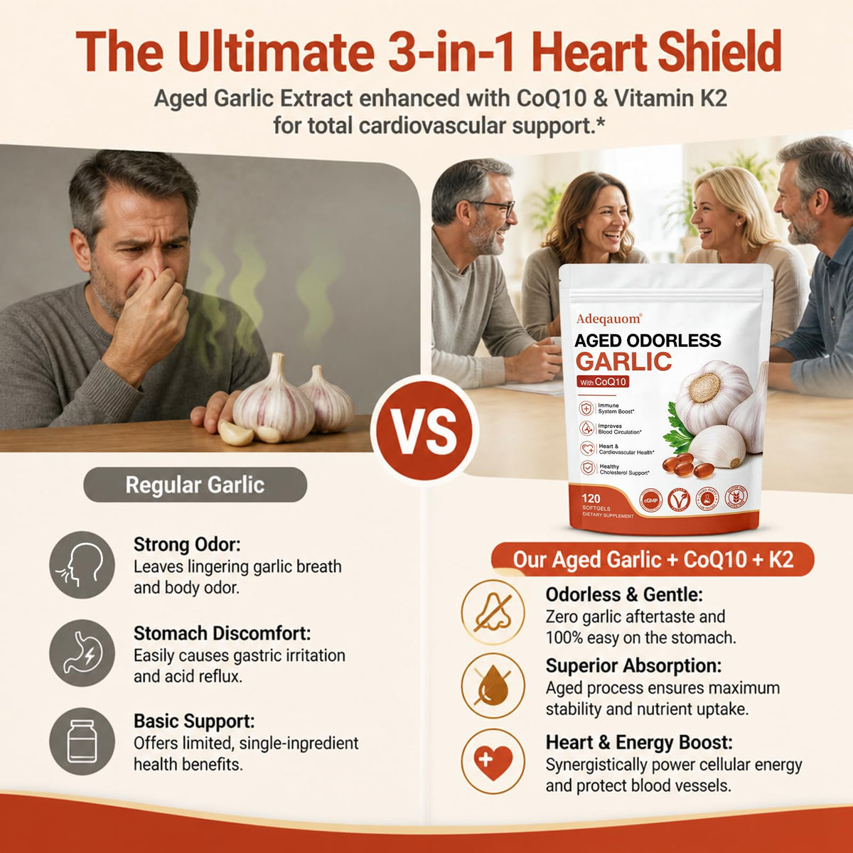 1200 mg Odorless Aged Garlic Extract Softgels with CoQ10 Ubiquinol & Vitamin K2, 120 Softgels T161