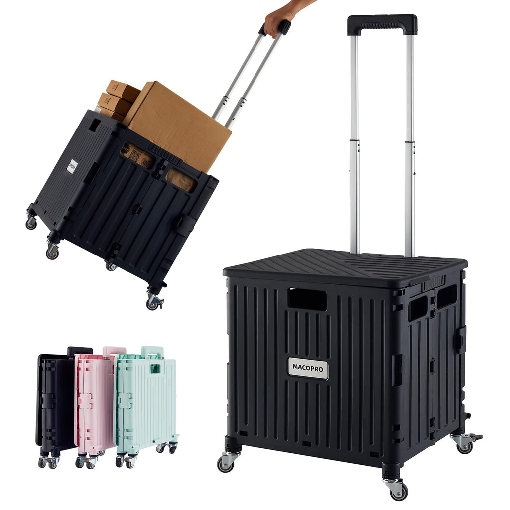Folding Utility Cart Rolling Crate Handcart with Lid Black P6808