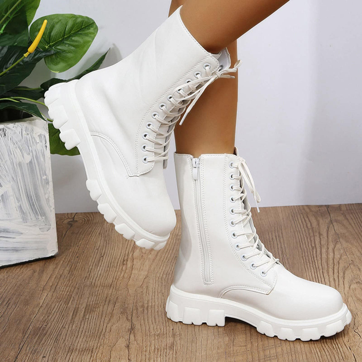 Women's Lace Up Chunky Mid Calf Boots Q53891