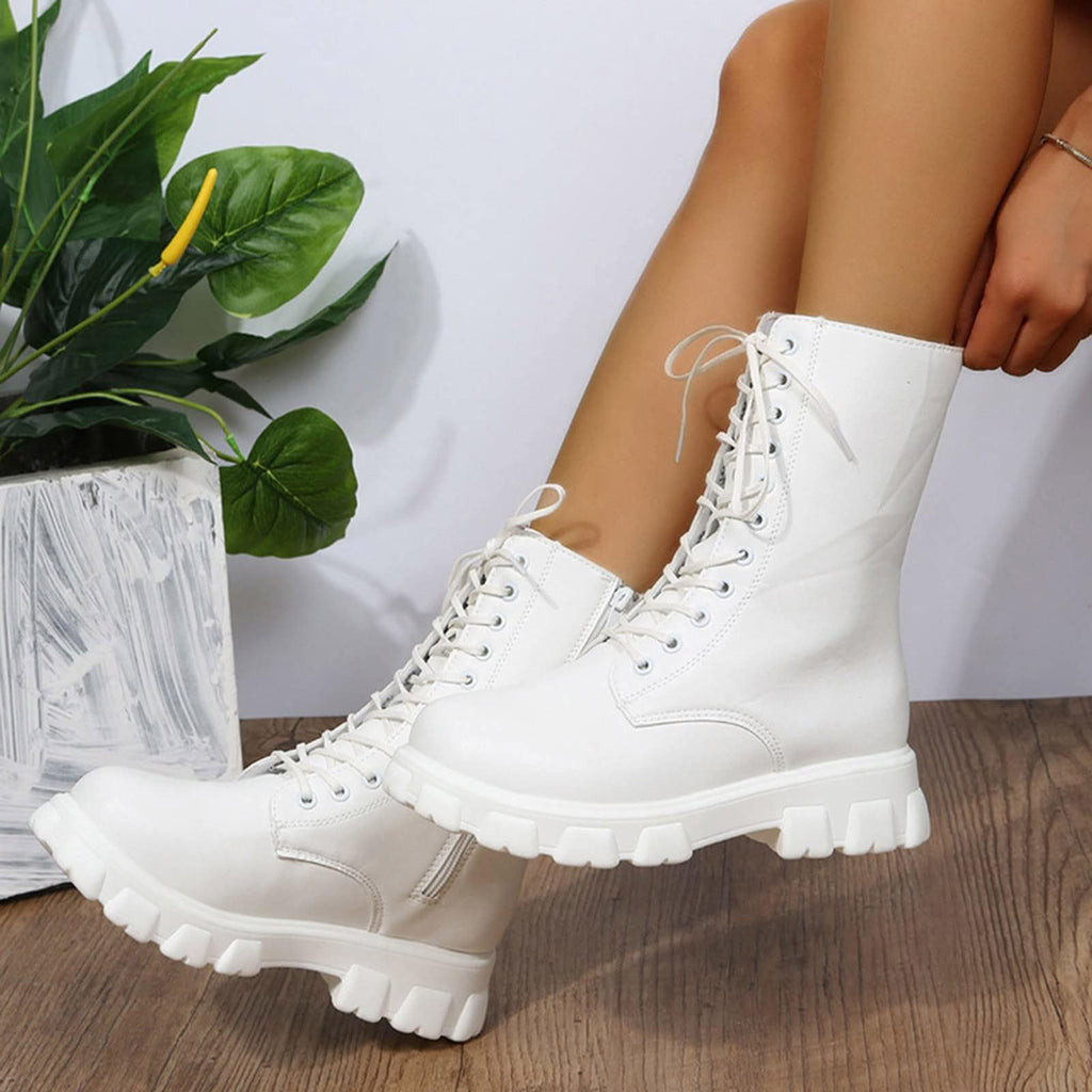 Women's Lace Up Chunky Mid Calf Boots Q53891