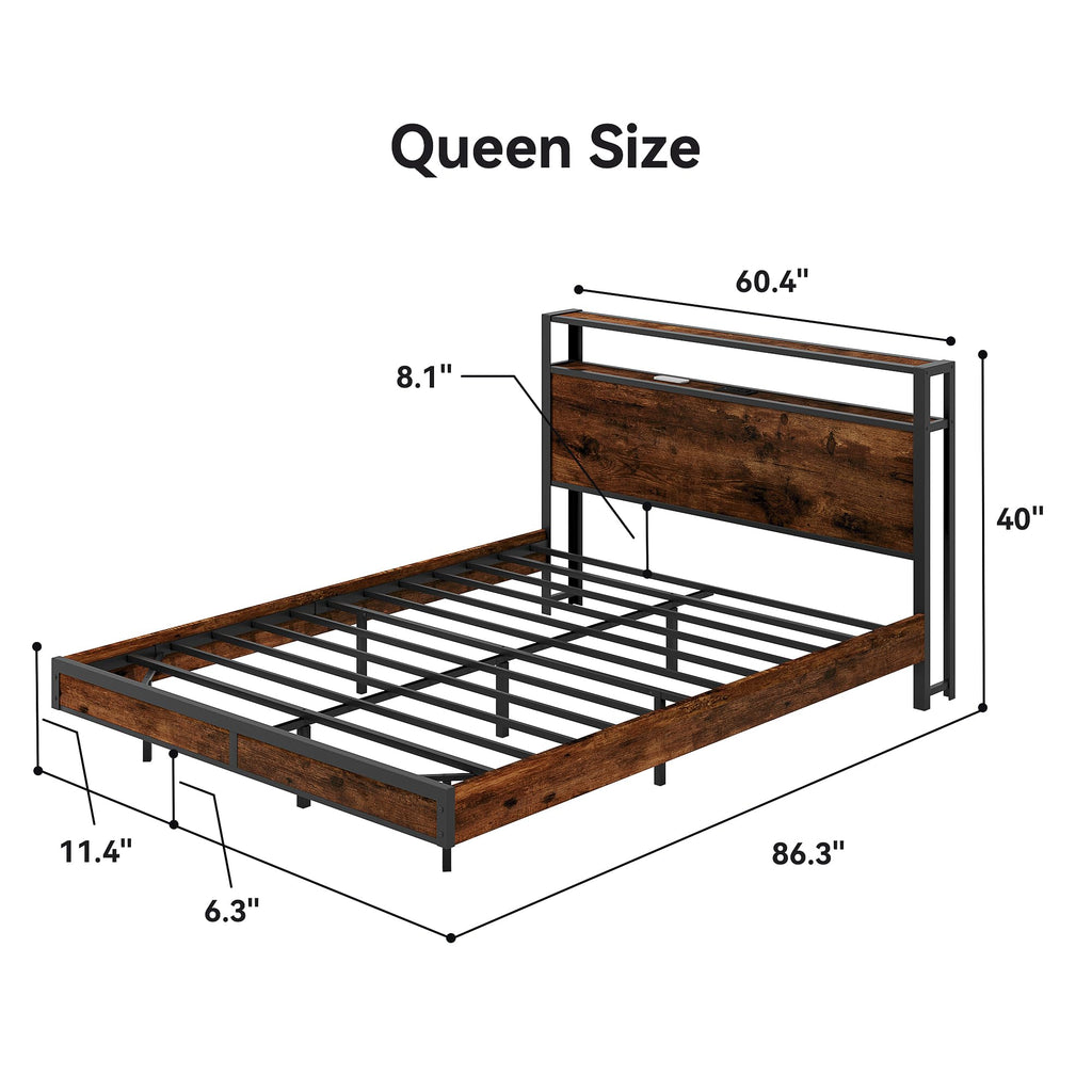Queen Size Metal Bed Frame with Storage Headboard and Charging Station T434