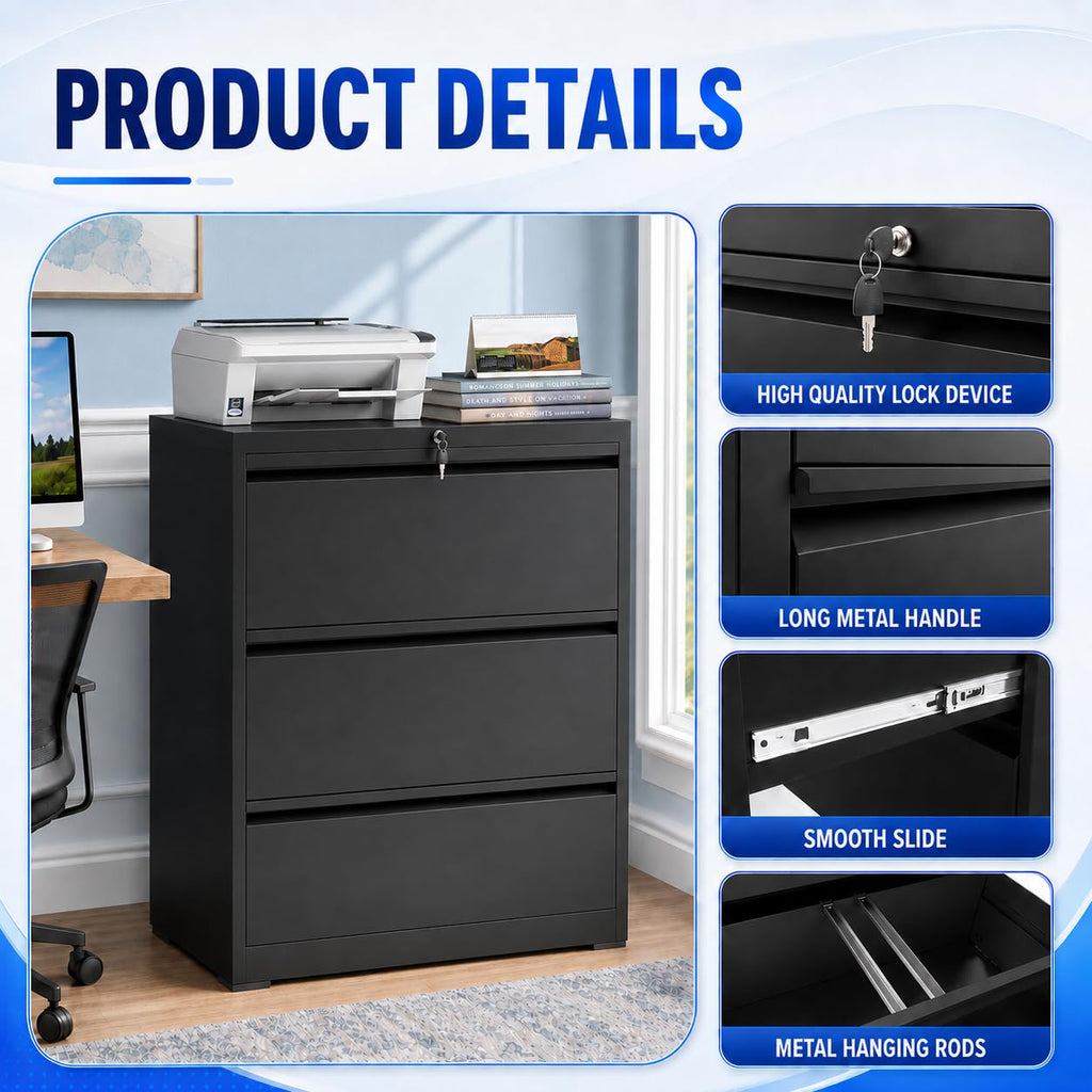 Black 3 Drawer Metal File Cabinet with Lock A16058
