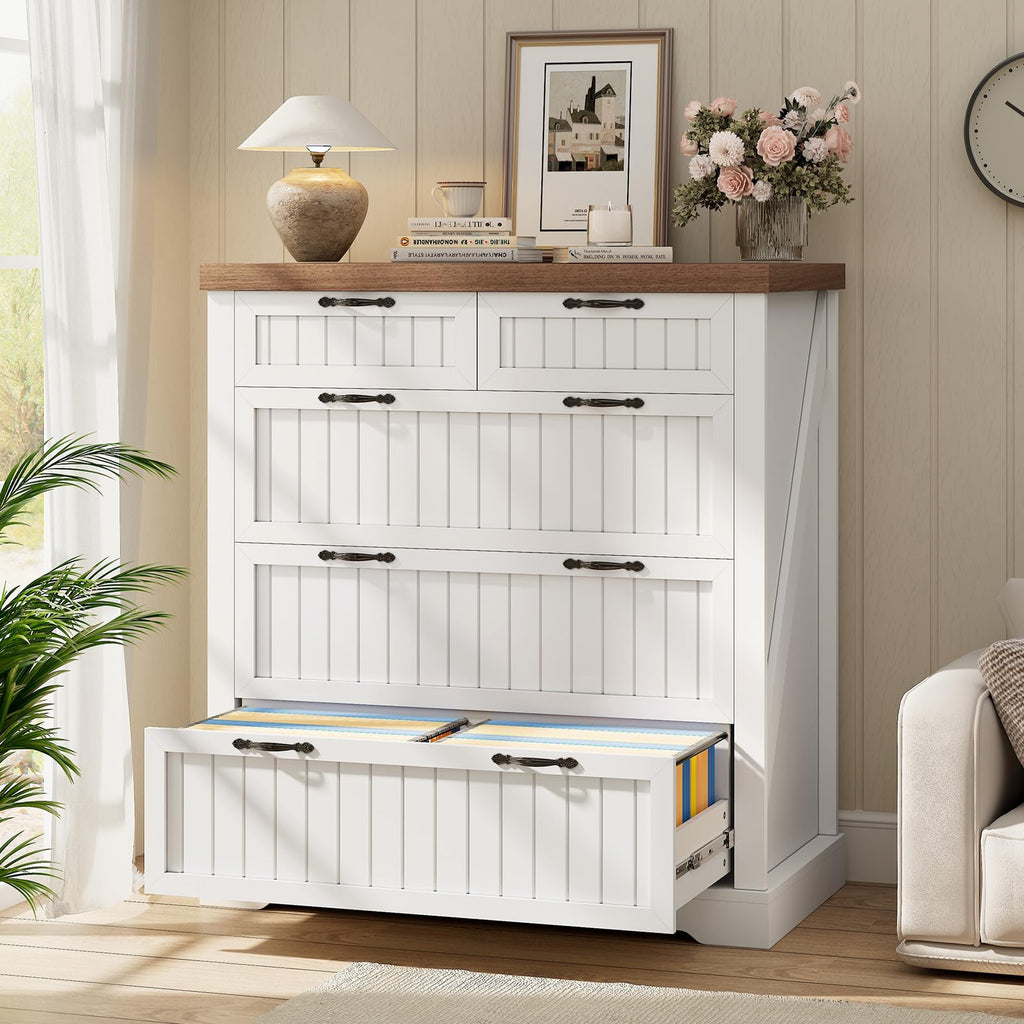 White and Brown 5 Drawer Wood File Cabinet Z506