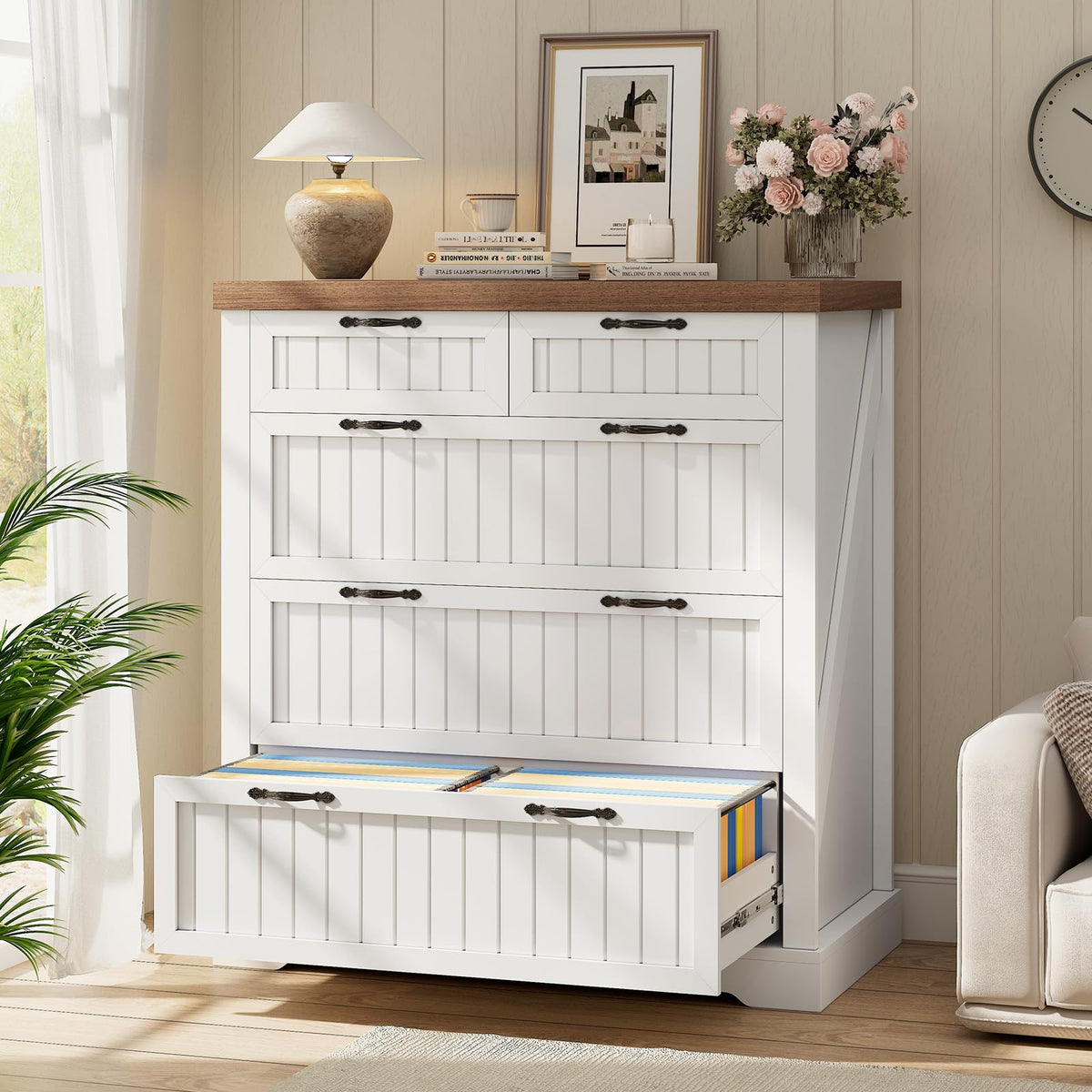 White and Brown 5 Drawer Wood File Cabinet Z506