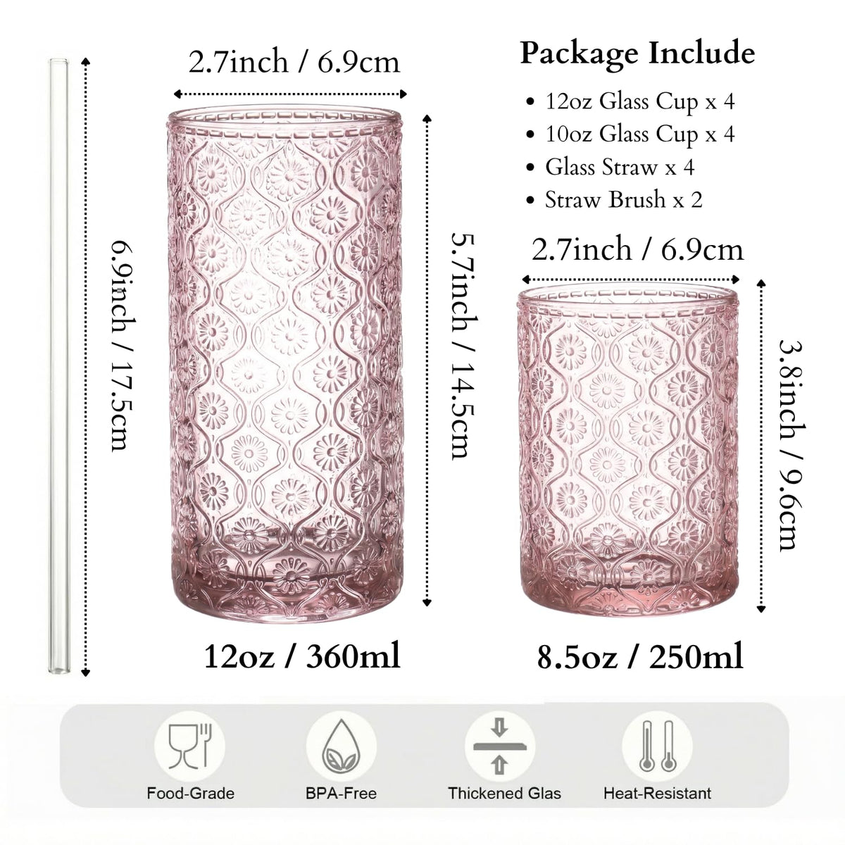 Pink Floral Embossed 12 Oz Highball & 10 Oz Cocktail Glasses Set of 8 with Straws E419797