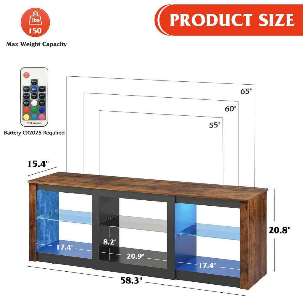 Rustic Brown 58-Inch TV Stand with Adjustable Glass Shelves H286