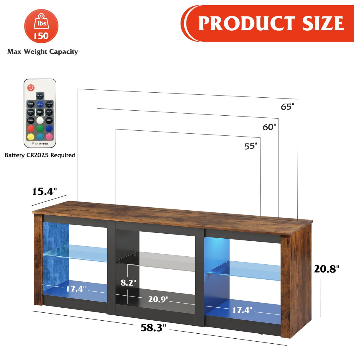 Rustic Brown 58-Inch TV Stand with Adjustable Glass Shelves H286