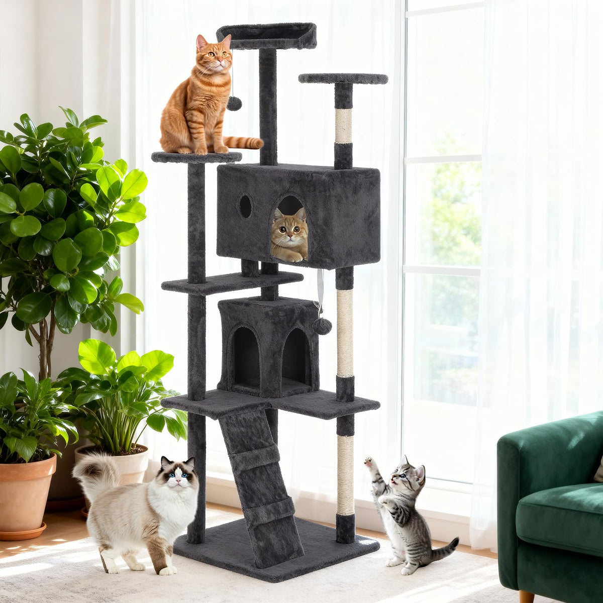 70 Inch Dark Gray Multi-Level Cat Tree with Condo Q4497