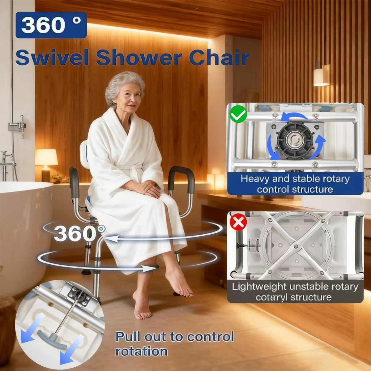 2-Level Width Adjustable 360° Heavy Duty Swivel Shower Chair with Arms and Back E1625