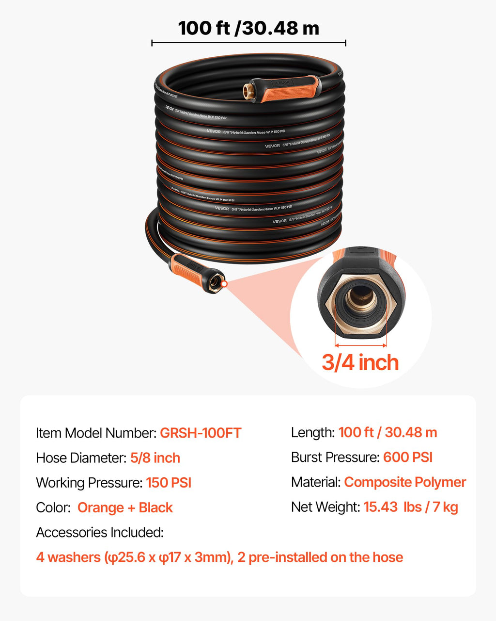 100 ft 5/8" Heavy Duty 4-Layer Rubber Garden Hose M4898