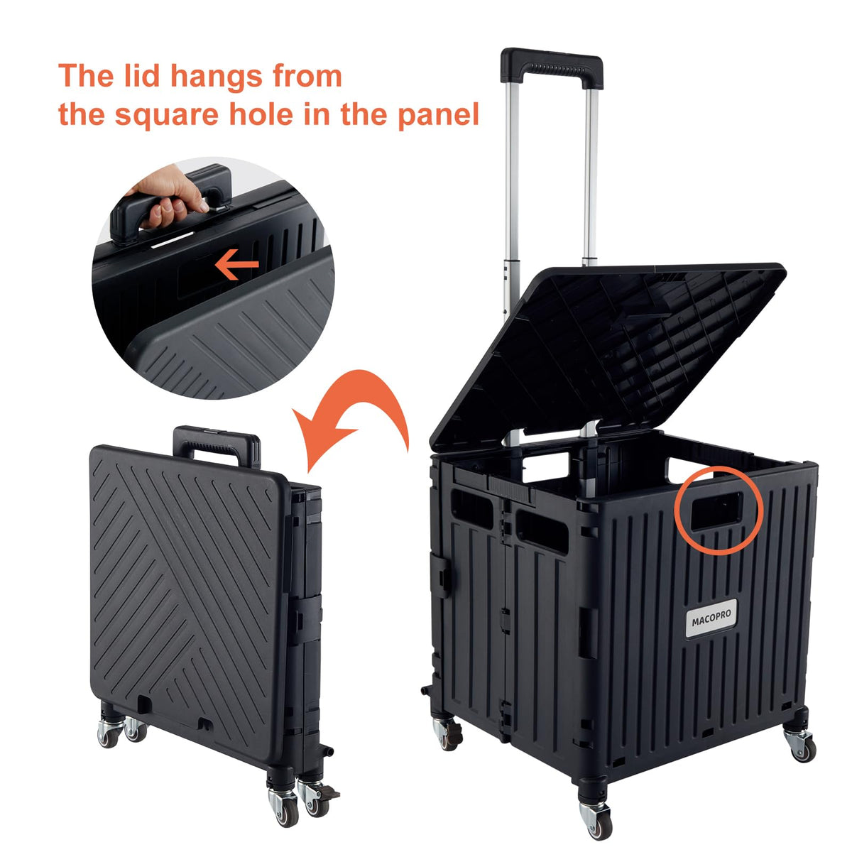 Folding Utility Cart Rolling Crate Handcart with Lid Black P6808