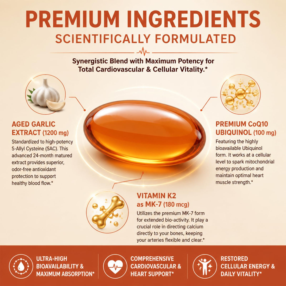 1200 mg Odorless Aged Garlic Extract Softgels with CoQ10 Ubiquinol & Vitamin K2, 120 Softgels T161