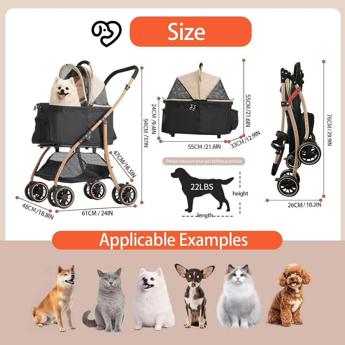 Pet Stroller with 4 Pu Wheels Foldable A4217