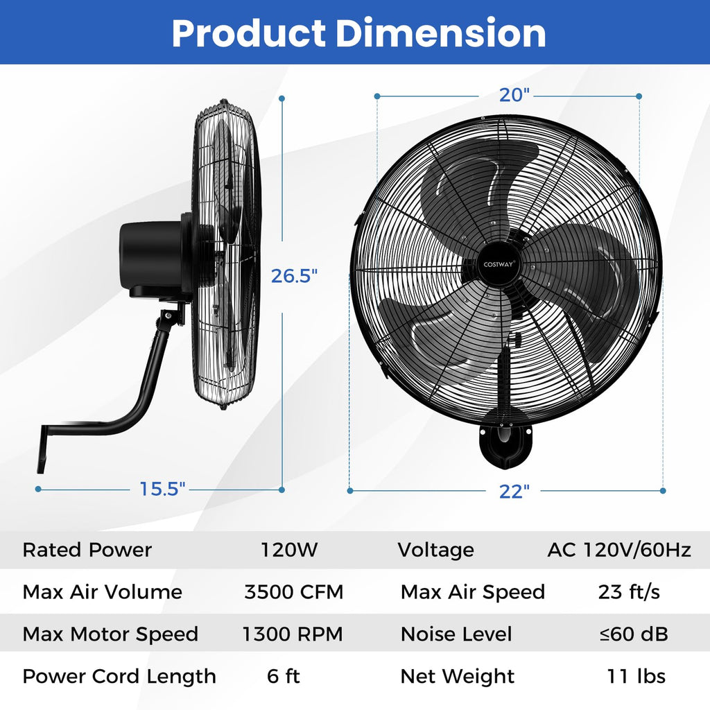20-inch 3 Speed Metal Wall Mount Fan V8476
