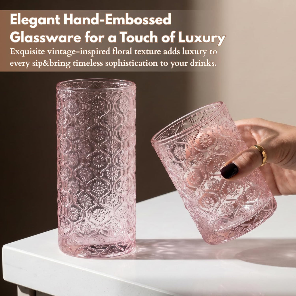 Pink Floral Embossed 12 Oz Highball & 10 Oz Cocktail Glasses Set of 8 with Straws E419797