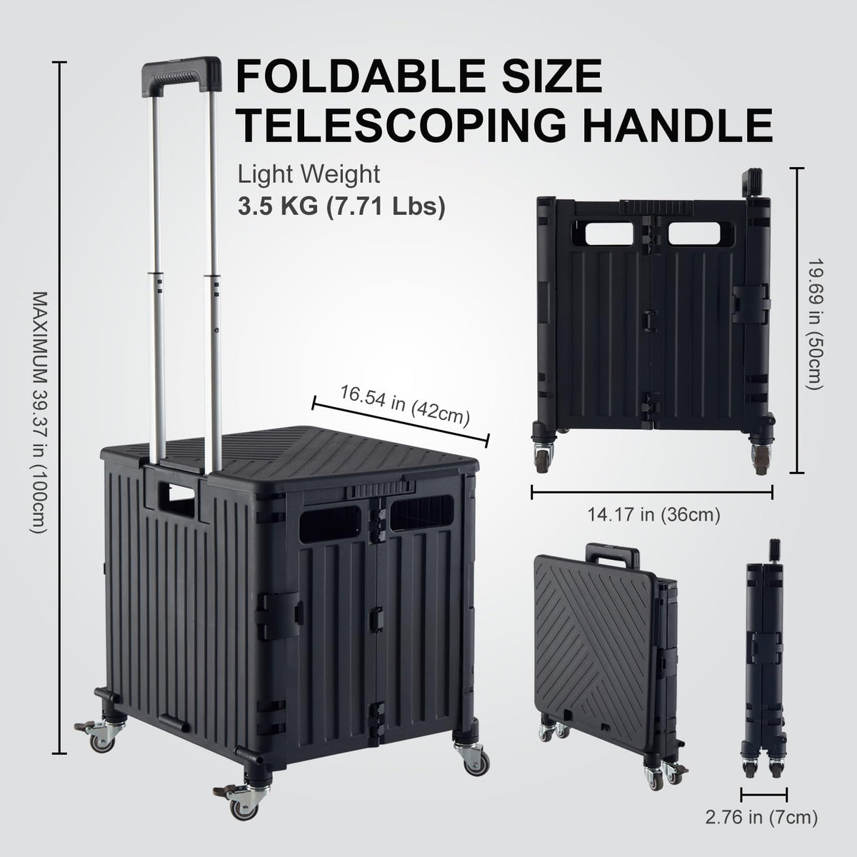 Folding Utility Cart Rolling Crate Handcart with Lid Black P6808