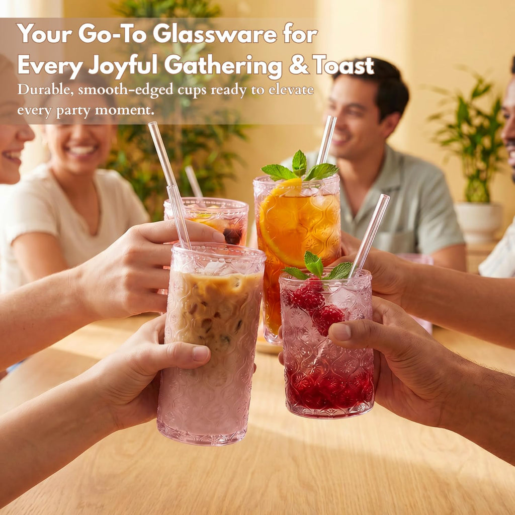 Pink Floral Embossed 12 Oz Highball & 10 Oz Cocktail Glasses Set of 8 with Straws E419797