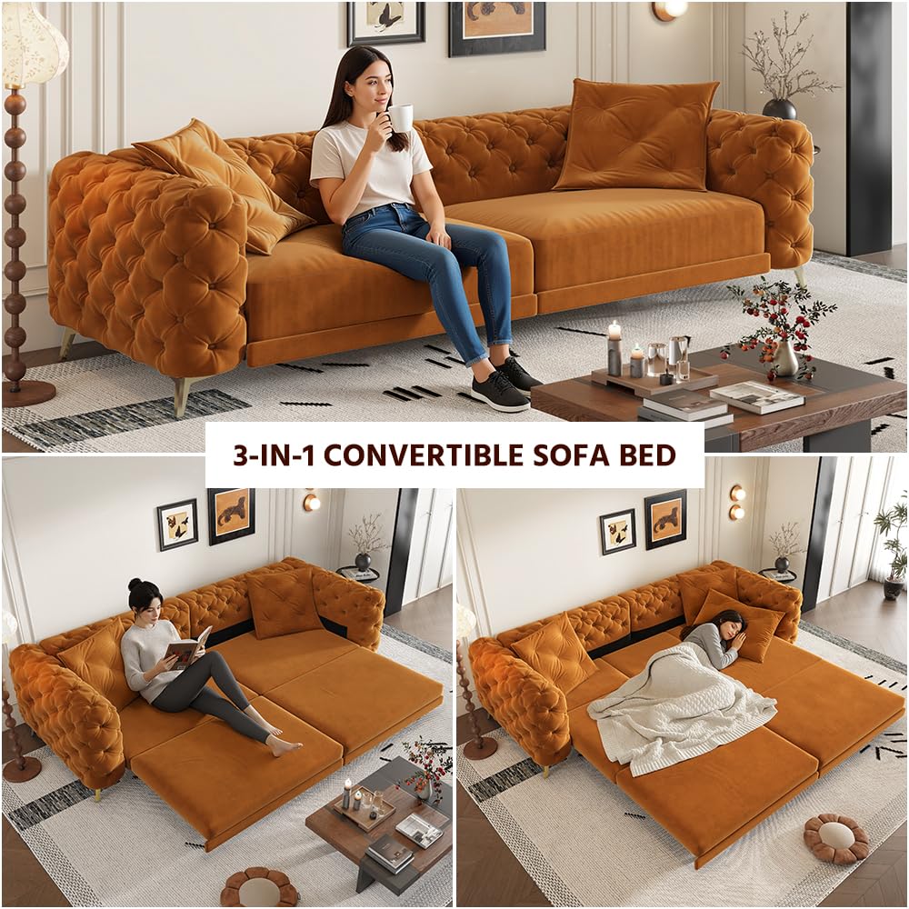 97.7" 3-in-1 Convertible Sleeper Sofa, Tufted Velvet Pull-Out Sofa Bed with Ottoman B3471