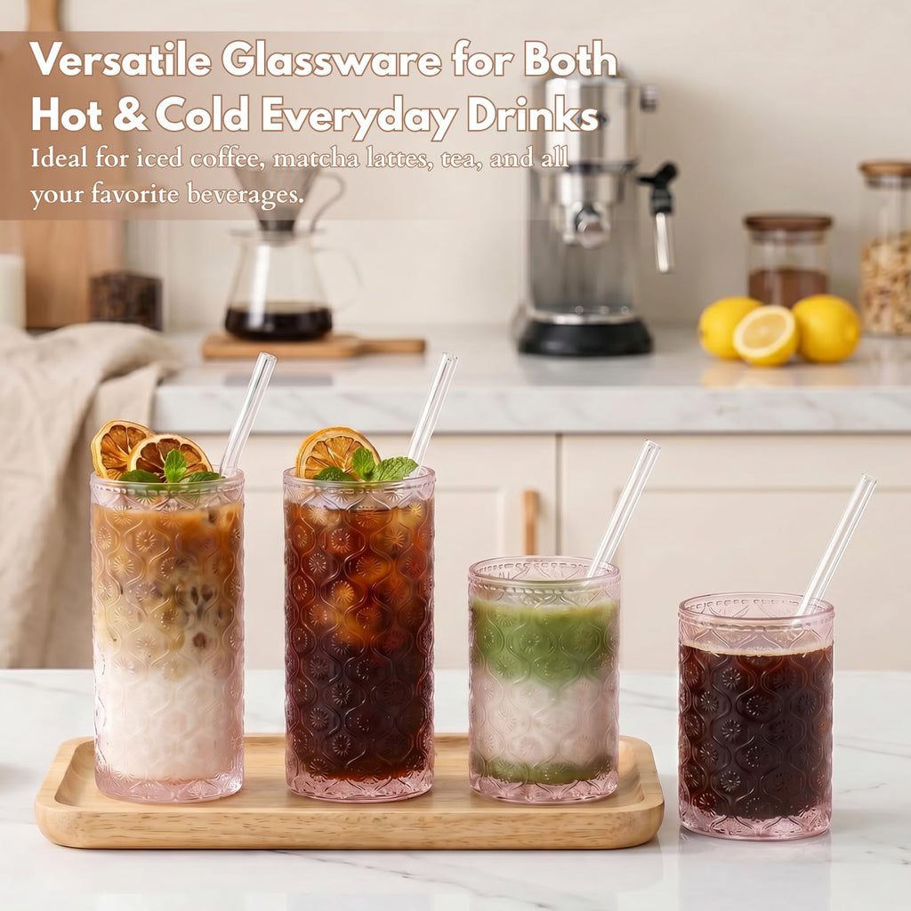 Pink Floral Embossed 12 Oz Highball & 10 Oz Cocktail Glasses Set of 8 with Straws E419797