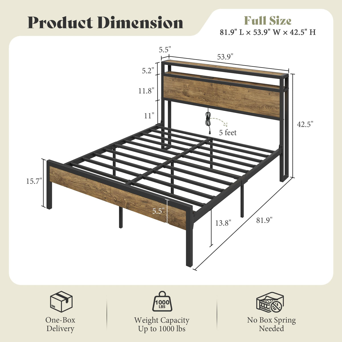 Full Size Metal Bed Frame with Charging Station K849