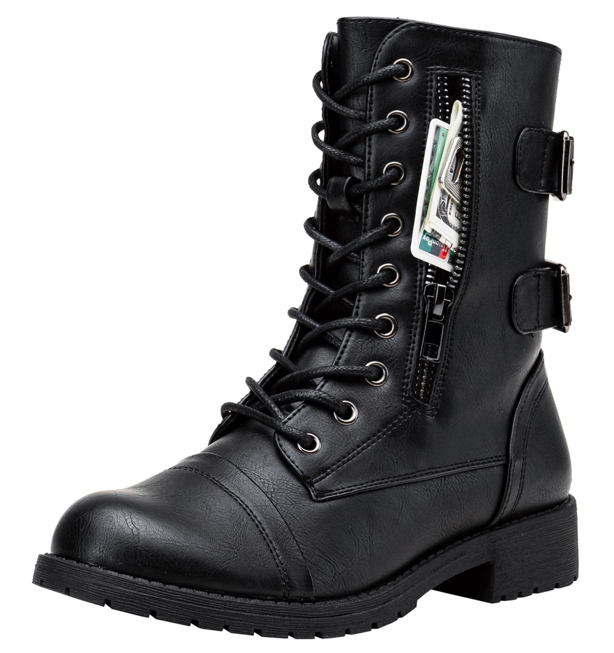 Women's Lace Up Mid Calf Combat Boots with Pocket F16654