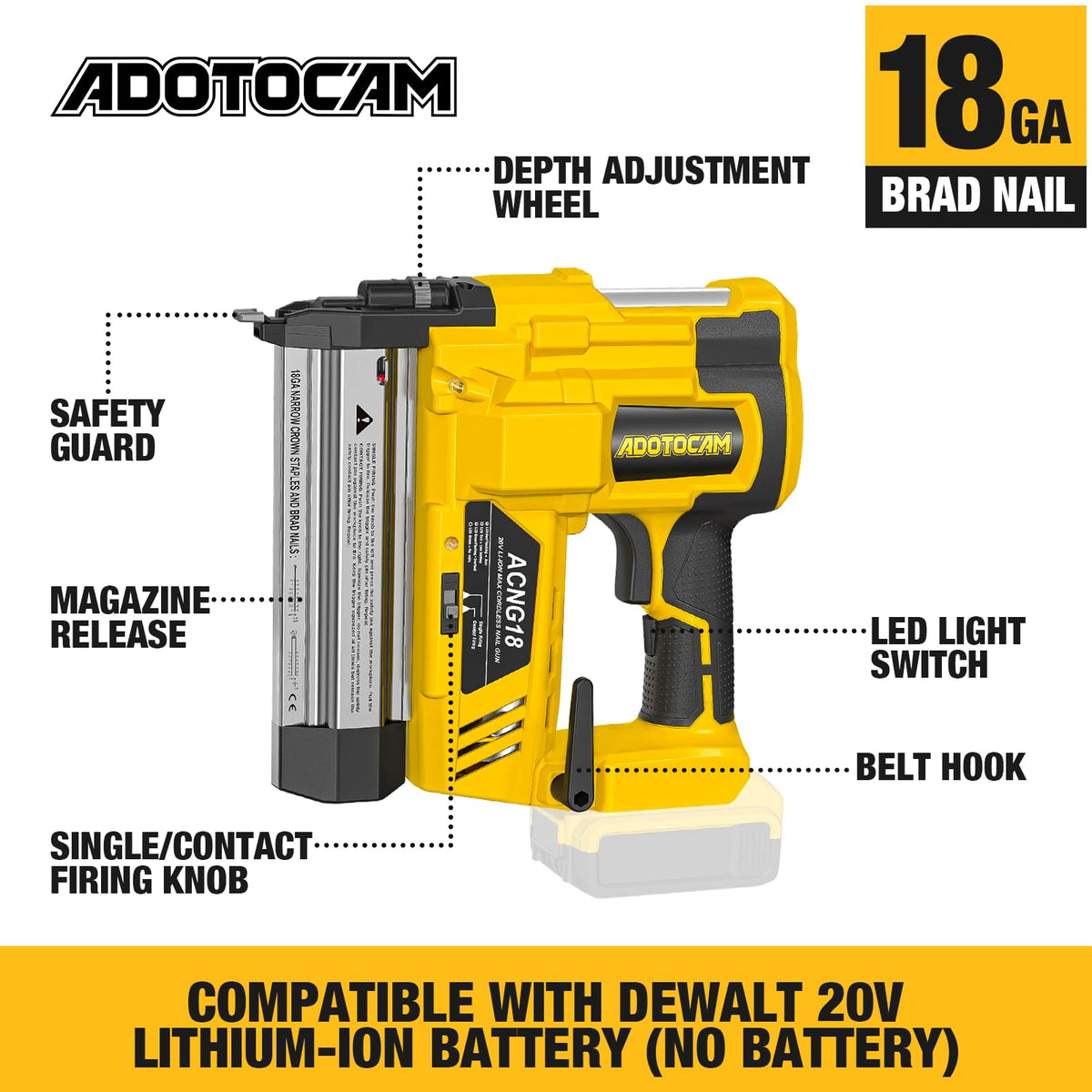 Cordless 2" Brad Nailer, 2 in 1 Electric Nail Gun/Staple Gun, 18GA Battery Powered A6023
