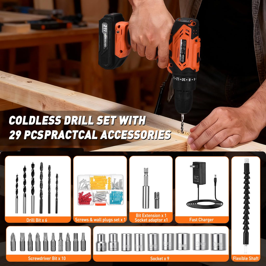 Cordless Drill, 20+1 Torque, 2 Speed, 3/8" Electric Screwdriver with 28pcs Drill Bits Set O325