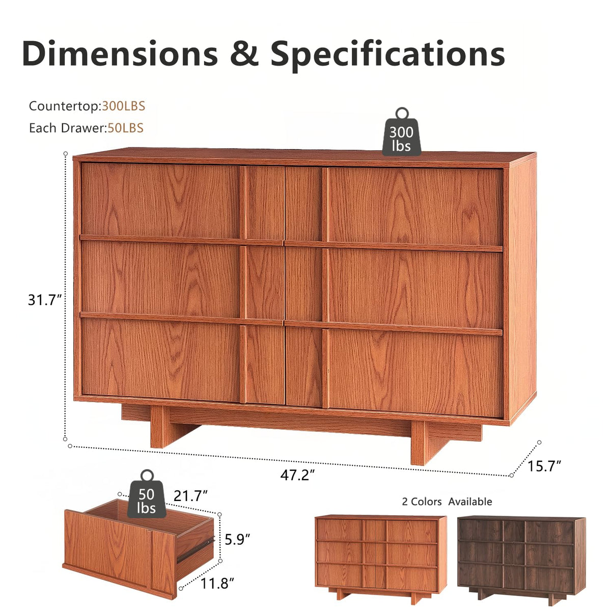 47" Wide 6 Drawer Dresser and Nightstand Set 3 Piece, Cherry N2676